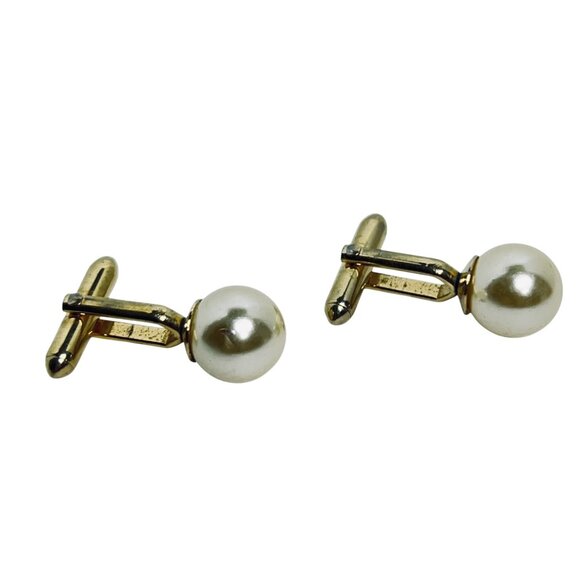 Vintage Gold Tone Faux Pearl Cufflinks (5916) - Picture 2 of 3